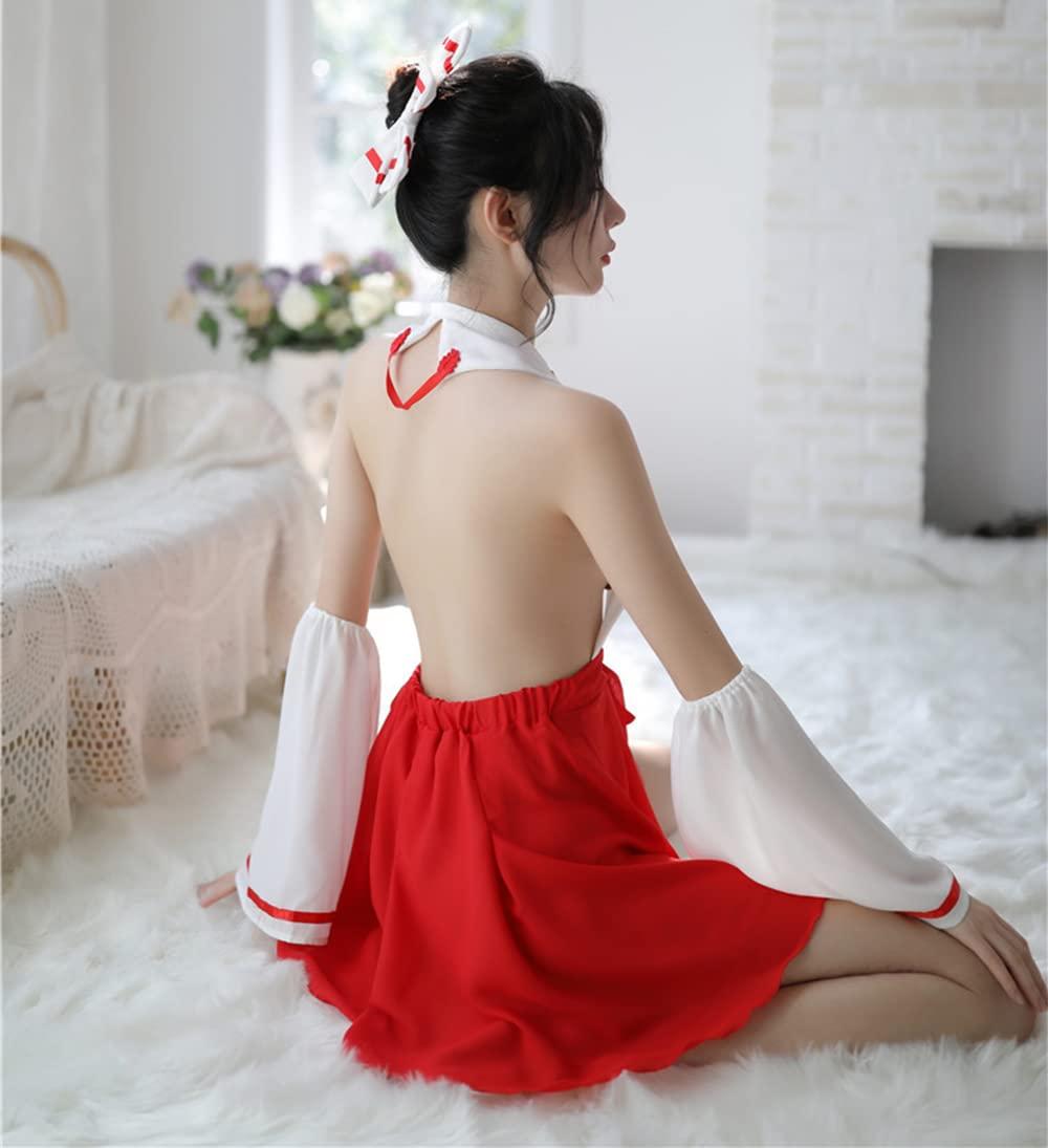 SINROYEE Lady's Japanese Anime Cosplay Outfit Witch Dress Costume Sexy Witch Lingerie For Women Naughty Sexy Kimono (White+red#2) 2