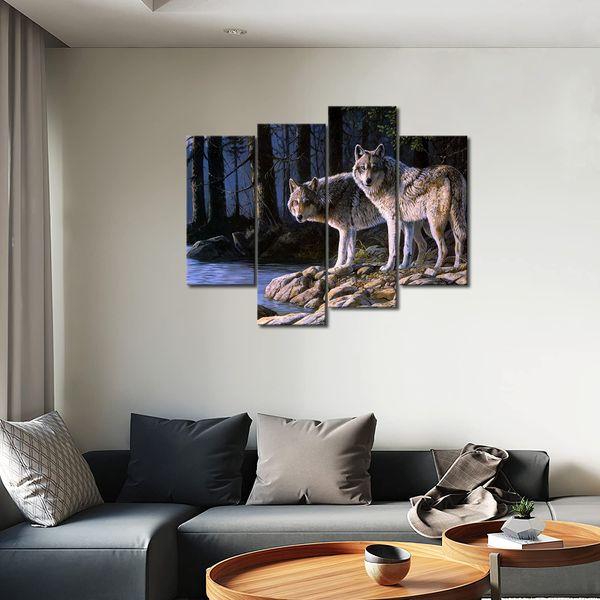 Two Wolf Stand On River Bank Forest Wall Art Painting Wolves Pictures Print On Canvas Animal The Picture For Home Modern Decoration 3