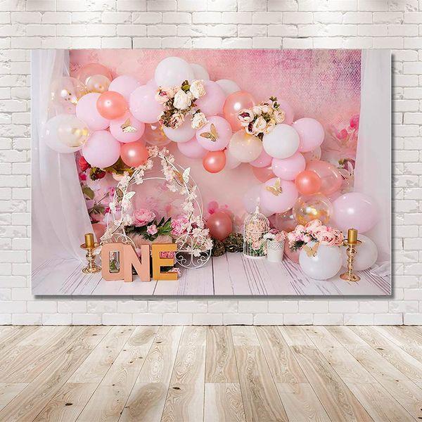 MEHOFOND 8x6ft Pink Girl 1st Birthday Backdrops Newborn Photography Props Balloons Flower Party Portrait Background Decoration Cake Smash Floral Birdcage Photo Studio Booth Supplies 4