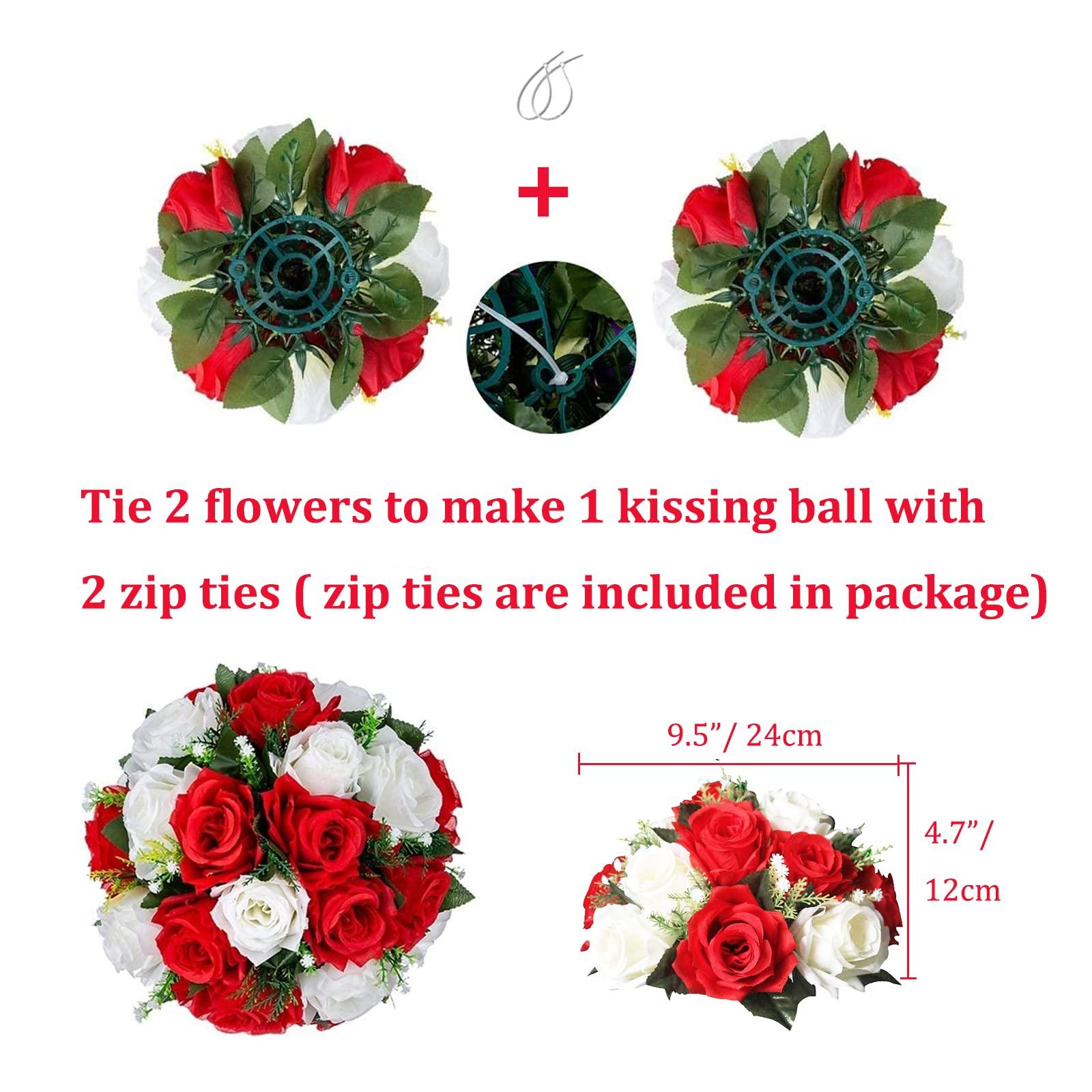 BLOSMON Flower Balls Wedding Rose Centerpieces 10 Pcs Fake Flowers with Base Red & White Kissing Balls Decor Artificial Roses Floral Arrangements Flower Bouquet for Home Party Table DIY Decorations 3