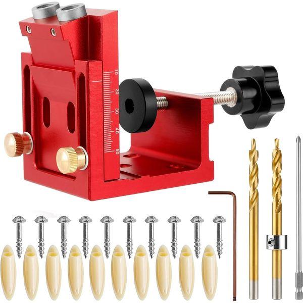 Pocket Hole Jig Tool Kit for Carpentry with Guide Hole Block with Adjustable Hole Pitch, Removable Pocket Hole Drill Guide Jig Set for 15° Angled Holes, Portable Pocket Hole Screw Clamp System, Metric