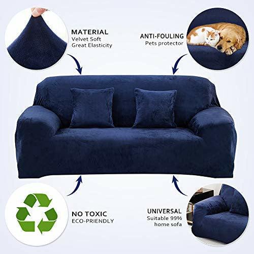 Sinoeem Sofa Covers 1 2 3 4 Seater Velvet (Free 2 pillow cases) Pure Color Sofa Slipcovers Protector Easy Fit Elastic Fabric Stretch Machine Washable Couch Slipcover (4 Seater:235-300cm, Sofa-Blue) 4