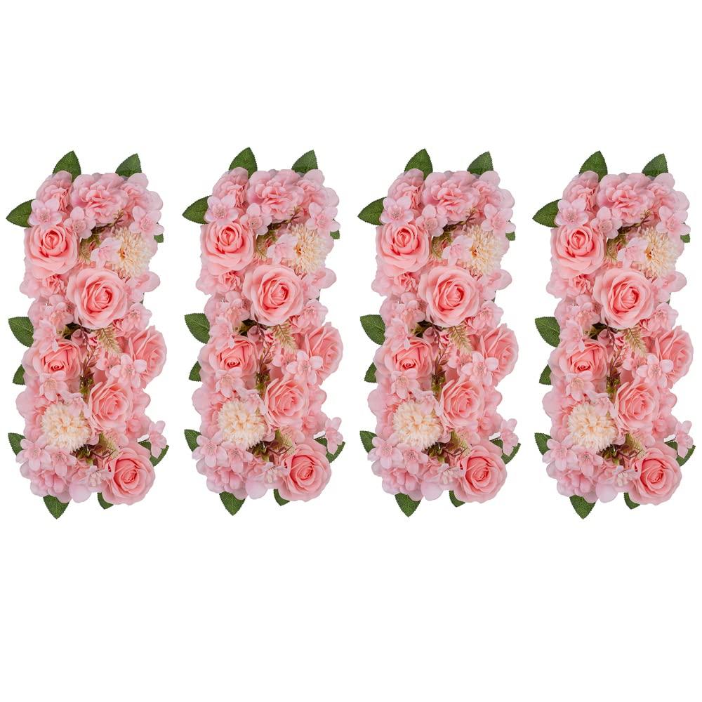 Inweder Pink Roses Artificial Flowers for Decoration 4 Pcs Flowers Panels for Table Centrepieces Decorative Fake Flowers with Plastic Base Faux Silk Flowers for Wedding Table Runner Home Decor 0