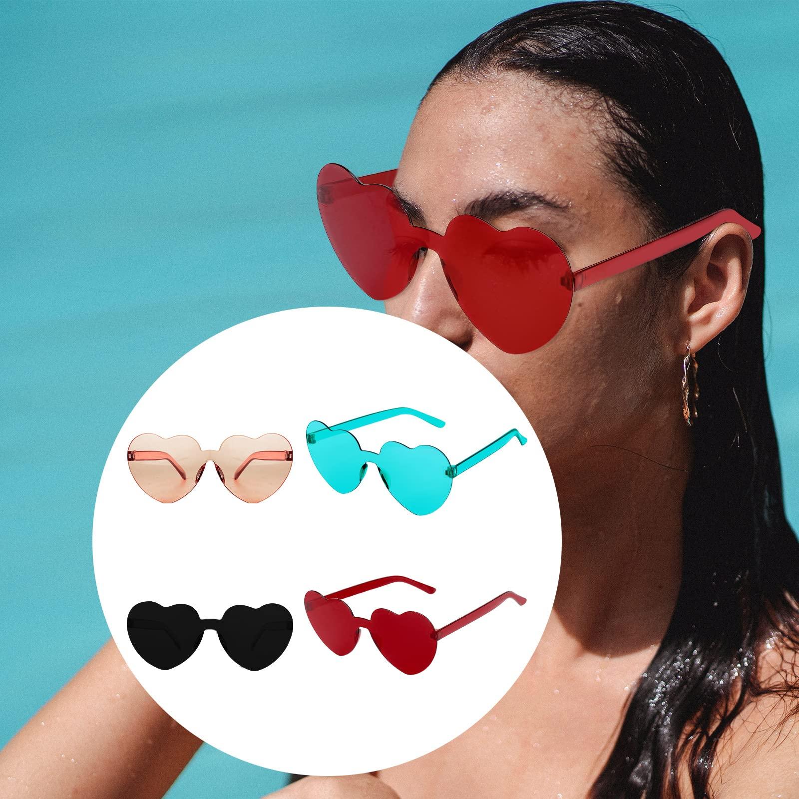 KINBOM 4pcs Heart Shaped Rimless Sunglasses, Transparent Candy Color Frameless Sunglasses Heart Sunglasses for Women Girls at Pool Birthday Party (Black, Tawney, Red, Green) 4