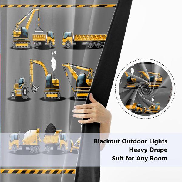 YONGFOTO 168x229cm Construction Truck Blackout Curtains Cartoon Excavator Yellow Kids Machinery Car for Living Room Children's Bedroom Window Drapes, 2 Panel Home Set With Holes, Black 4