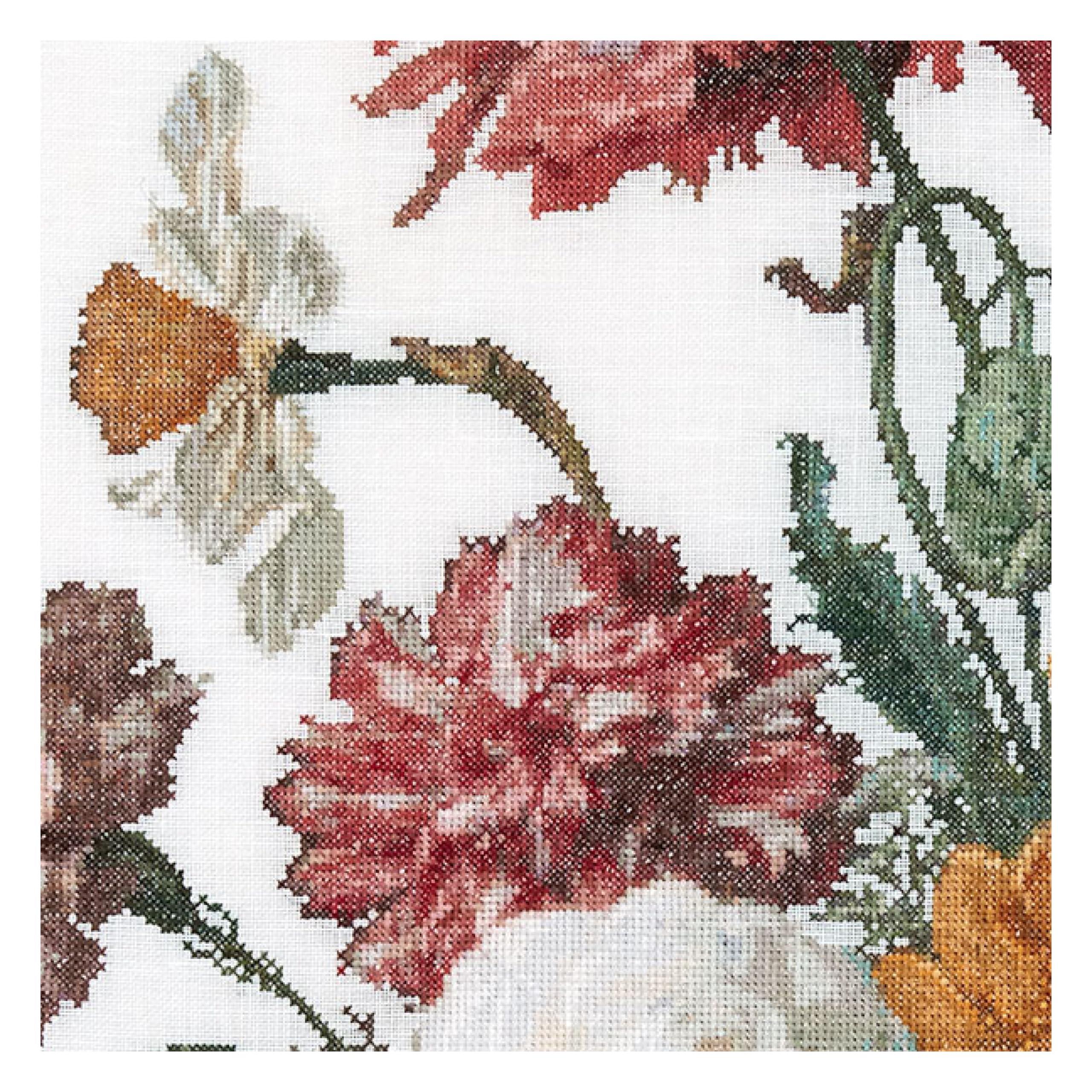 Thea Gouverneur - Counted Cross Stitch Kit - Still Life with Flowers in a glass Vase - Linen - 36 count - for Adults - DMC Embroidery Threads and other Cross Stitch Supplies Included - 785 1