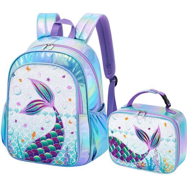 Sequin Mermaid Kids Backpack Set - Sparkly School Backpack with Lunch Bag for Girls Toddler Preschool Kindergarten Elementary 15” Hiking Travel Blue Laptop Book Bag Insulated Lunch Tote Bag