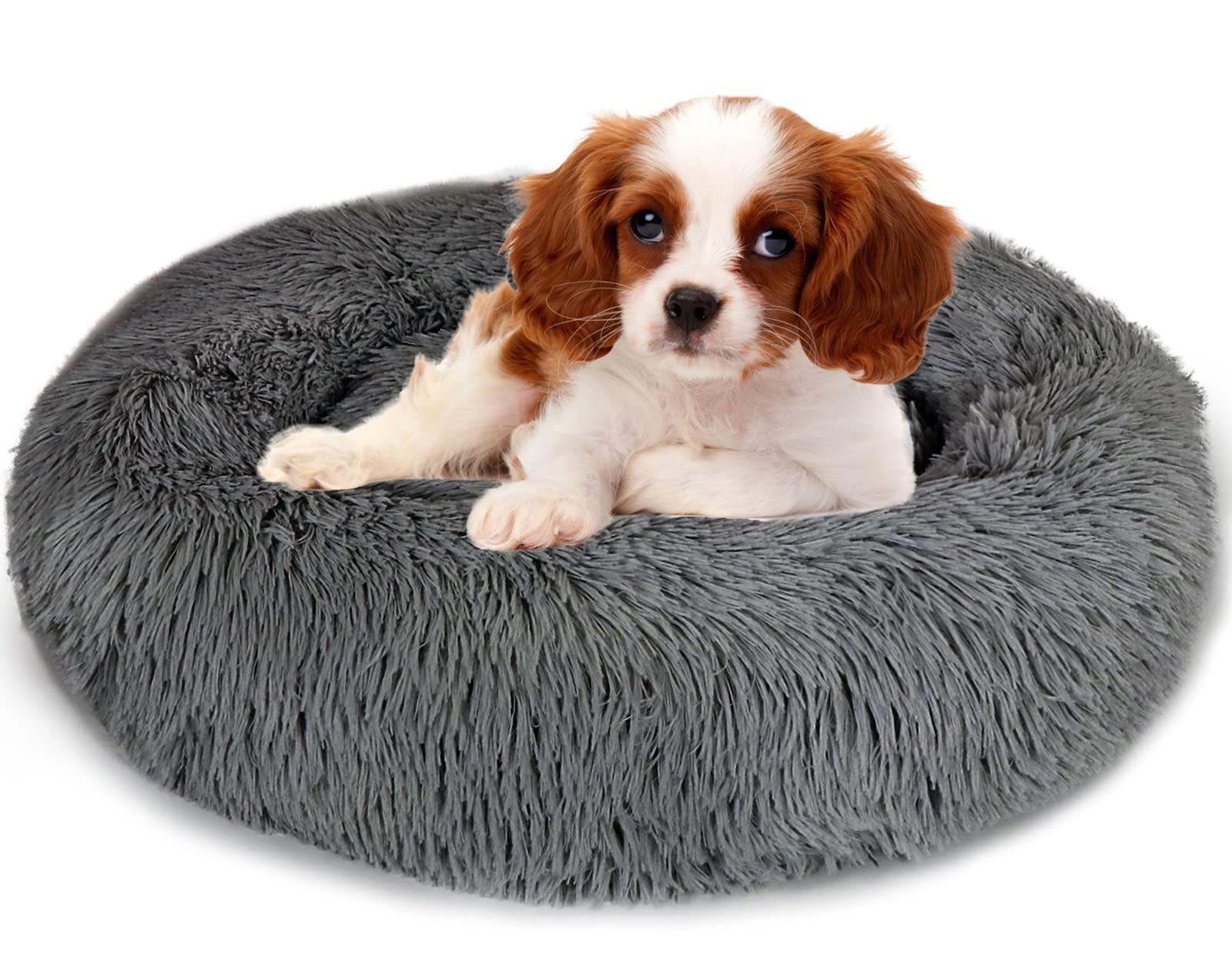 Enjamoy Plush Donut Dog Bed, Calming Round Dog Cat Bed Soft and Fluffy Cuddler Pet Cushion Self-Warming Puppy Beds Machine Washable, Dark Grey 60cm