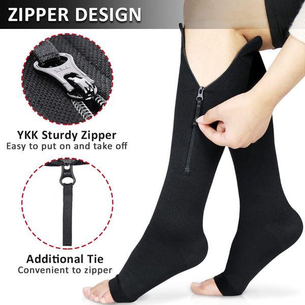 Ailaka 1 Pair Zipper Compression Socks 20-30 mmHg for Women & Men, Plus Size Knee High Open Toe Firm Support Graduated Varicose Veins Hosiery for Edema, Swelling, Pregnancy, Recoveryâ¦ 2