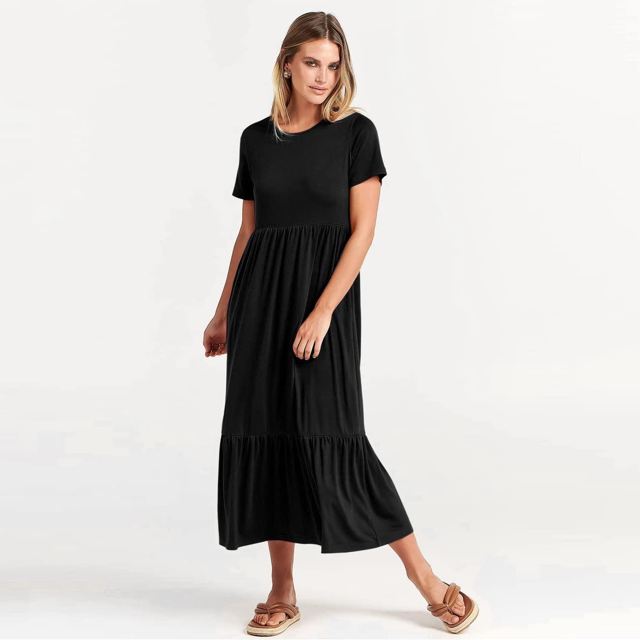 KOEMCY Women's Casual Dress Summer Midi Maxi Dress Short Sleeve Round Neck Dresses High Waist Tiered A Line Beach Dresses Sun Dress Swing Dress with Pockets (Black,S) 3