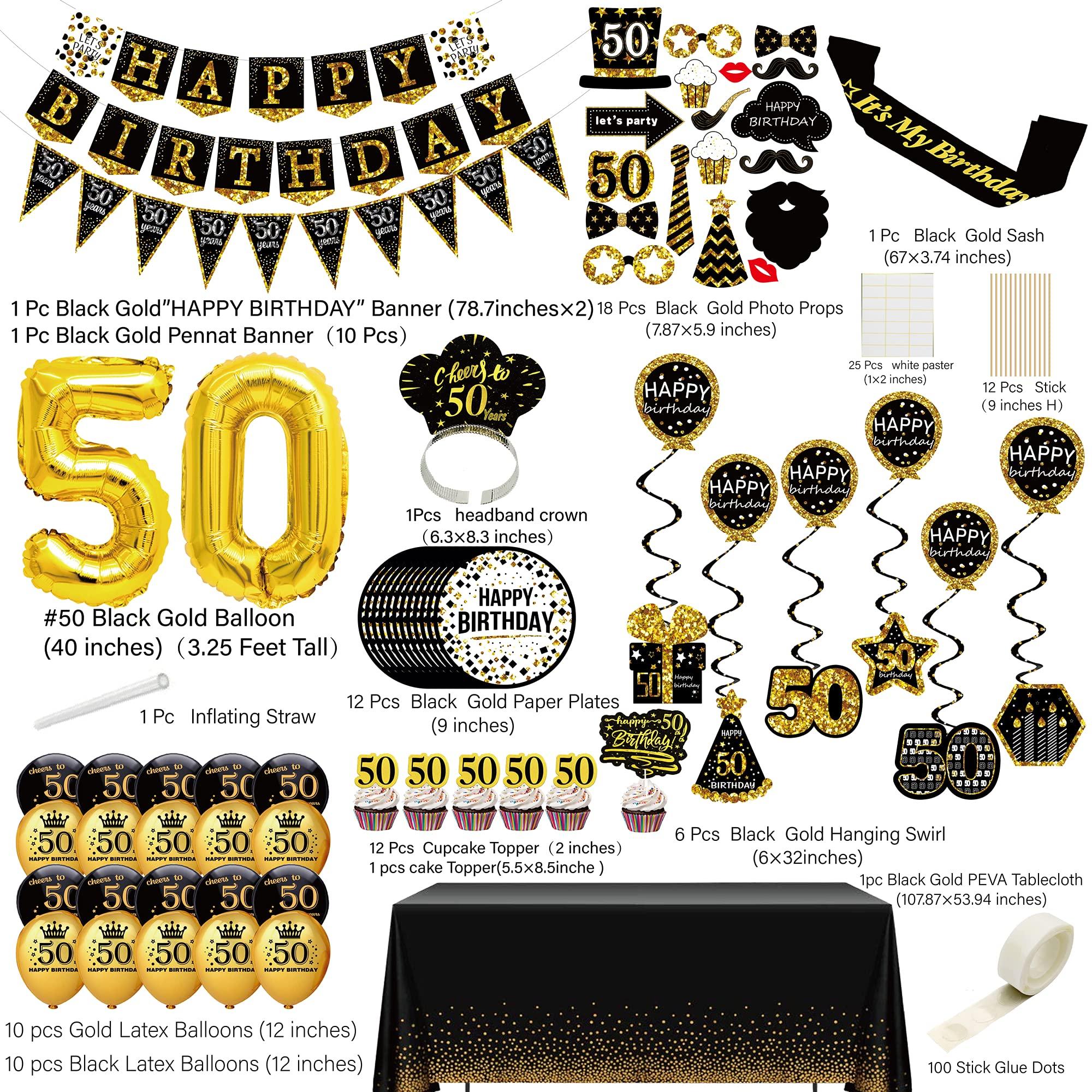 50th Birthday Decorations for Men Women，Cheers to 50 Years Black Gold Glitter Banner for Women, 6 Paper Poms, 6 Hanging Swirl, 7 Decorations Stickers. 50 Years Old Party Supplies,21pack 1