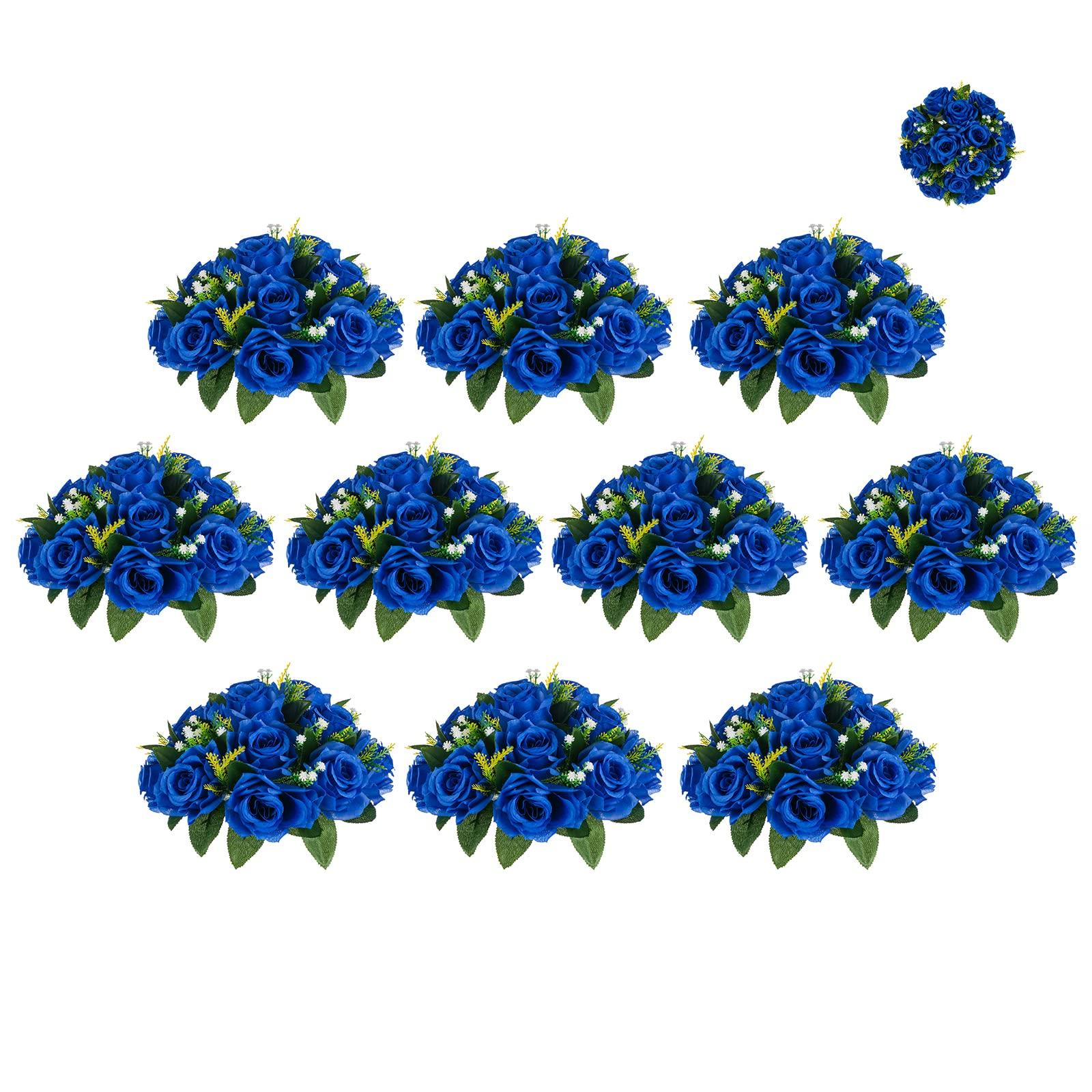 BLOSMON Flower Centerpieces for Tables Wedding 10 Pcs Fake Flowers Rose Arrangement Bouquet Floral Centerpiece Balls Royal Blue Artificial Wedding Center Pieces of Valentines Day Home Party Decor