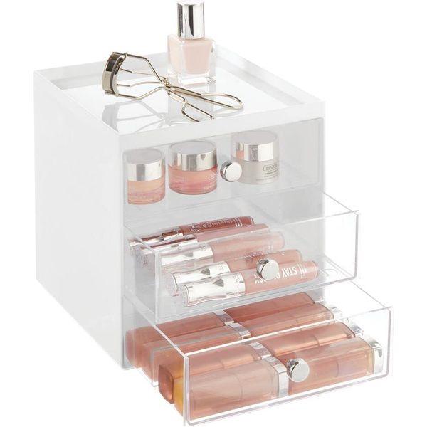 mDesign Makeup Organiser - Makeup Storage Unit with 3 Drawers - Ideal Accessory and Cosmetic Storage Box - White/Clear 0