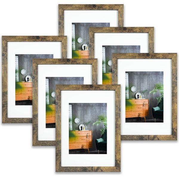 LOKCASA A4 Photo Frames Set of 6,Matted For 6x8 or Display A4 without Mount,Glass Window,Tabletop or Wall Mount,Distressed White,Rustic Brown and Distressed Brown Multicolour, 0