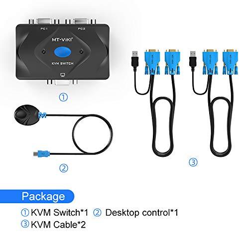 KVM Switch VGA 2 Port, MT-VIKI KVM Switcher VGA Console with 3 USB Hubs + 2in1 Cables+Desktop Selector 2
