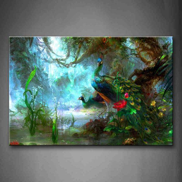 Two Peacocks Walk In Forest Beautiful Wall Art Painting The Picture Print On Canvas Animal Pictures For Home Decor Decoration Gift 0
