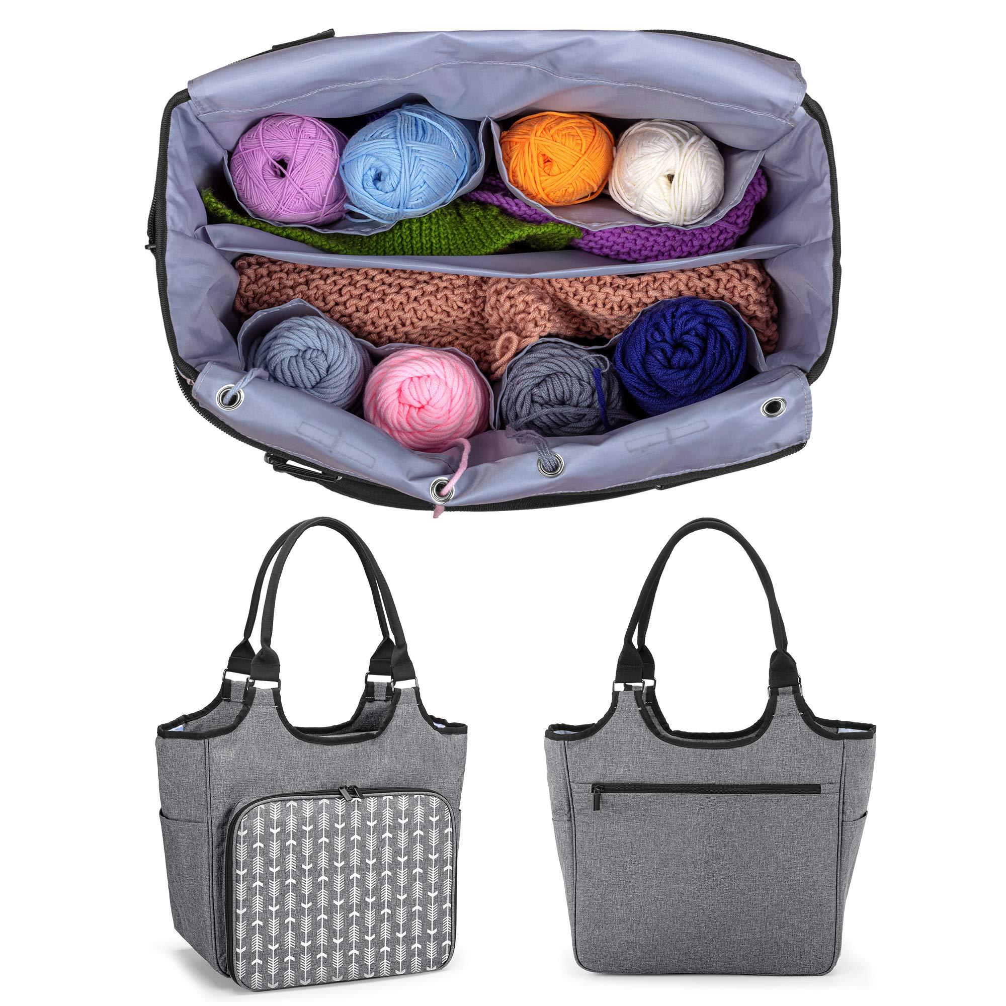 Yarwo Knitting Bag, Yarn Storage Bag for Yarn, Knitting Needles and Knitting Project, Knitting and Crochet Tote Bag with Accessories Pocket for Crochet Hooks or Other Knitting Supplies,Grey with Arrow 8