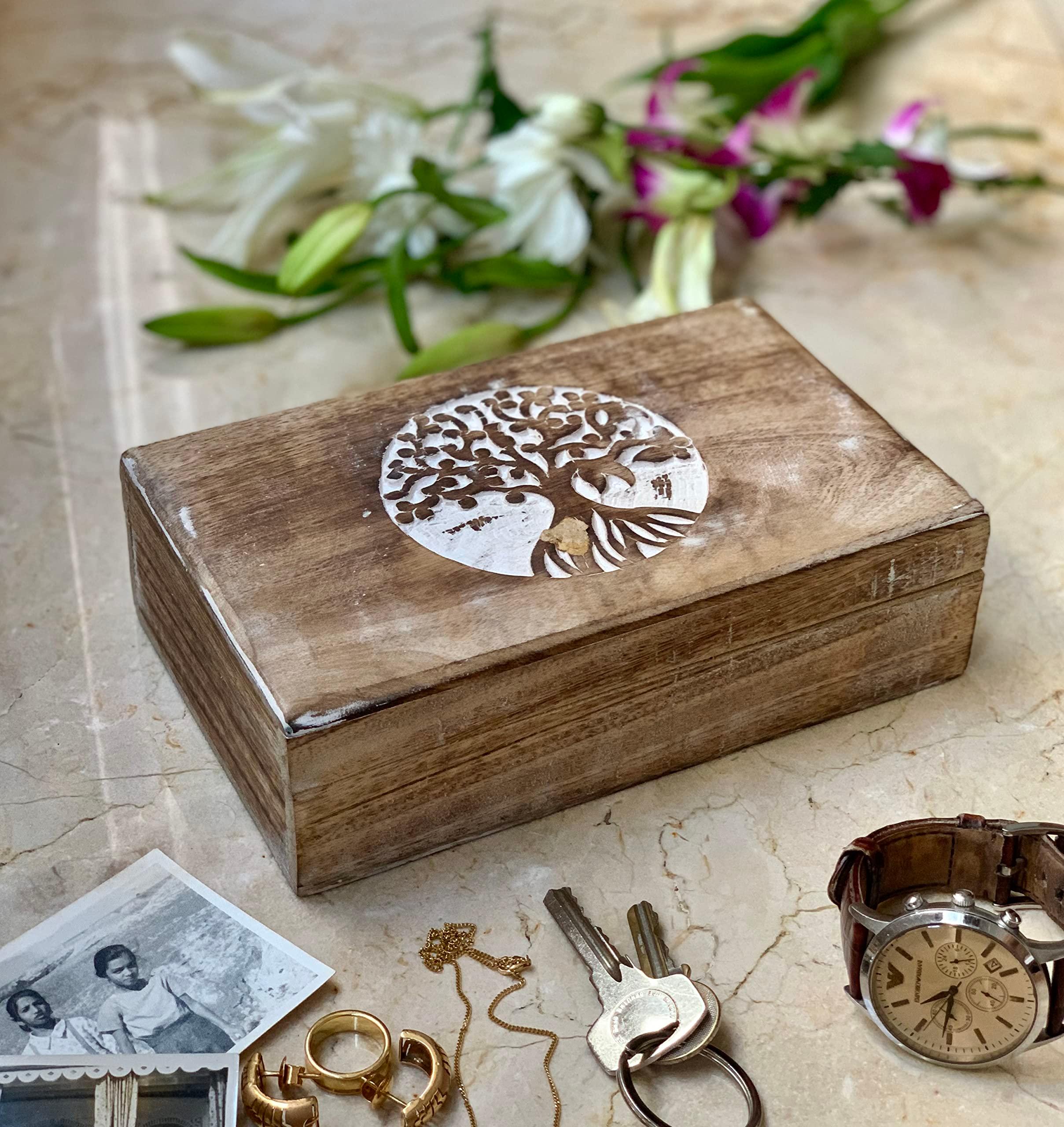 Great Birthday Gifts Handmade Decorative Wooden Jewellery Box Tree Of Life Carving Jewellery Organizer Keepsake Box Treasure Chest Trinket Holder Watch Box Storage Lock Box Housewarming Gift 6