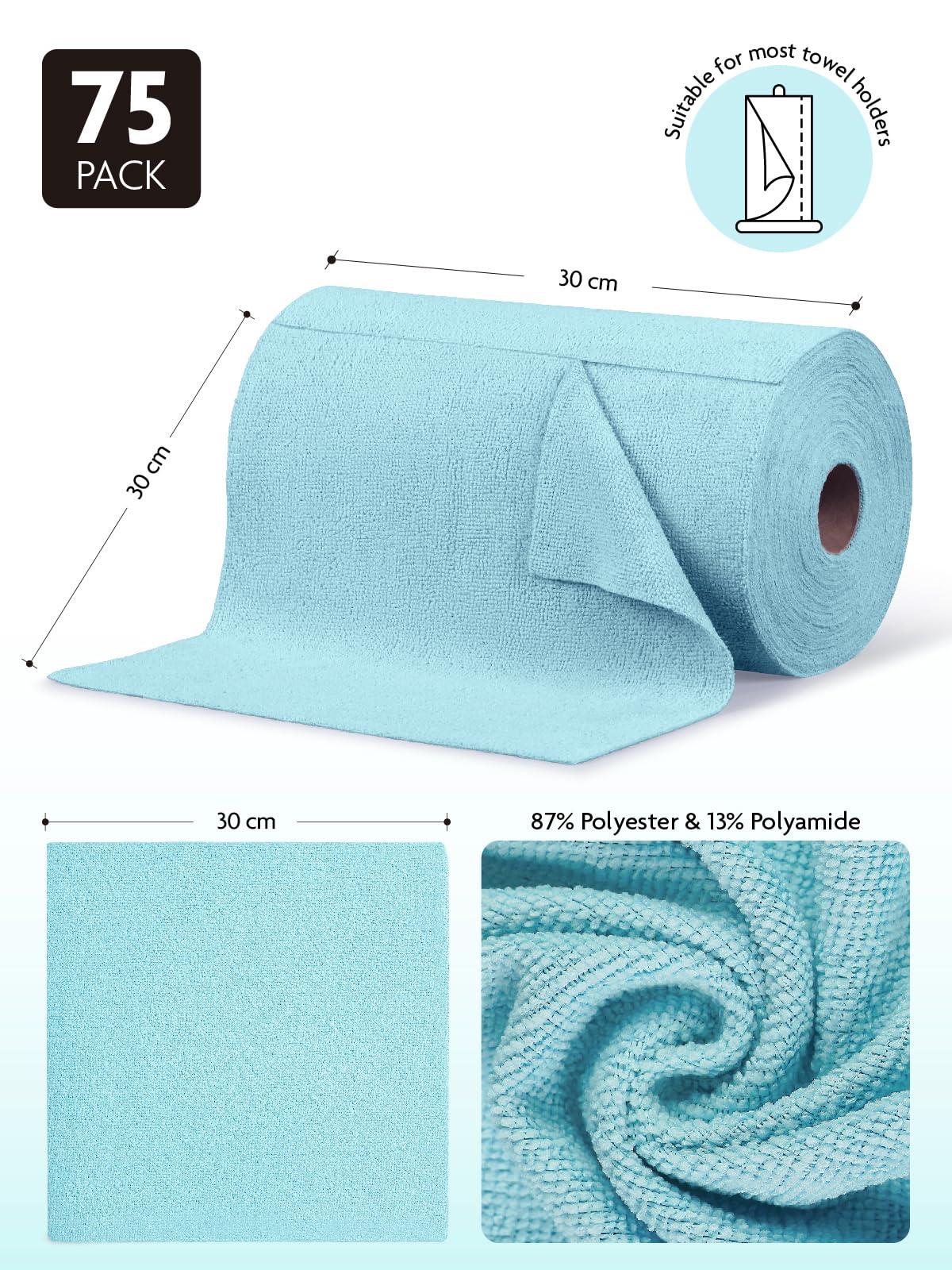 Fantasticlean 75 Pack Microfiber on a Roll Tear Away Cleaning Towels, Reusable and Washable Cloths, for Car, House, Garage or Kitchen, 30x30cm (Blue) 2