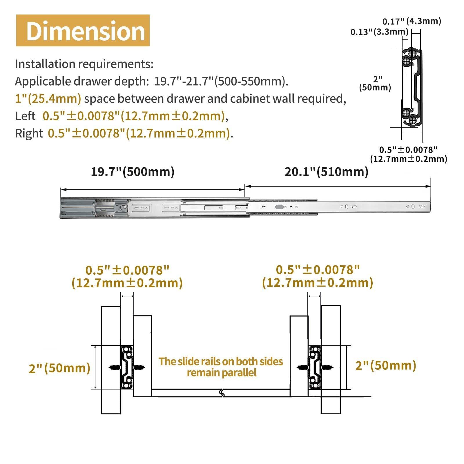 Furniware Soft Close Ball Bearing Drawer Runners, Full Extension 20 inch (500mm), 3 Folds Extension, Side Mount, Heavy Duty 45kg(100lb) Load Capacity,Silver Metal, 1 Pair (2 Pack) 1