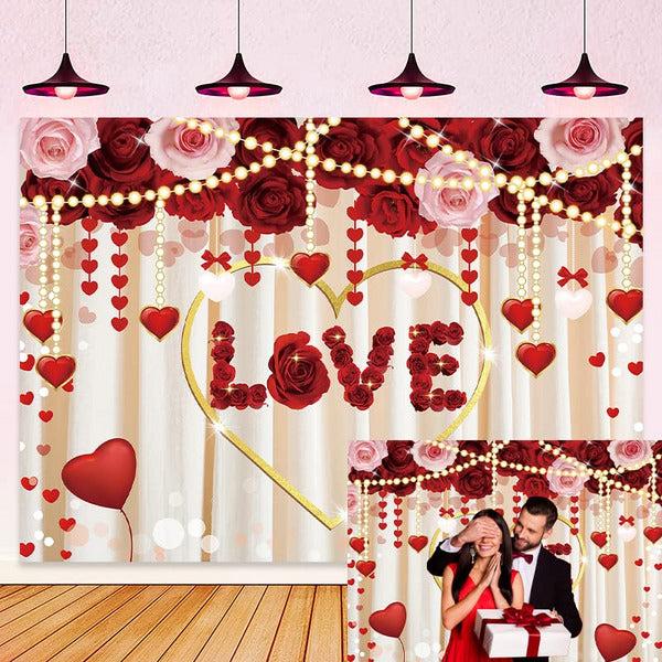 8x6FT Valentine Backdrop Red Rose Love Golden Heart Valentine's Day Backdrops for Photography Curtain Valentine Day Background for Pictures 0