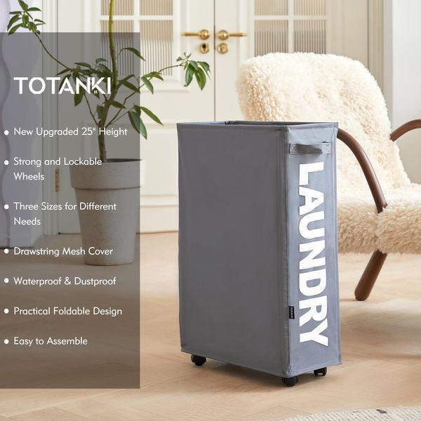 TOTANKI 25" Rolling Slim Laundry Basket with Handle on Wheels (4 Colors), Foldable Laundry Hamper, Collapsible Laundry Sorter and Organizer, Tall Storage Basket Bin (Grey) 1