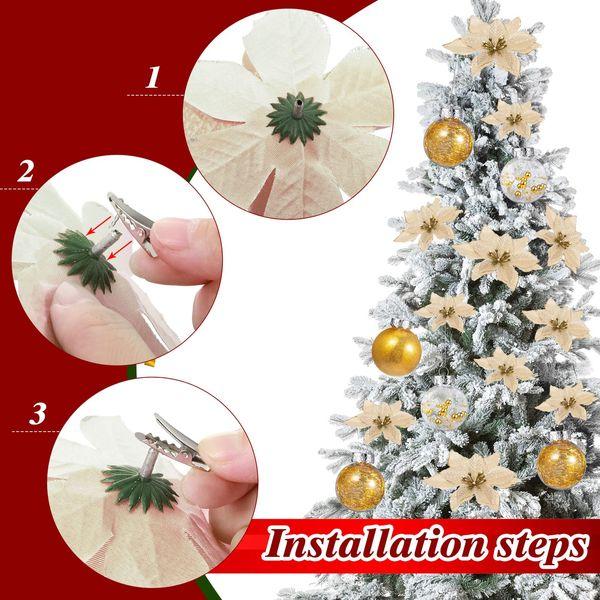49 Pcs Christmas Tree Decoration Set Include Christmas Tree Topper, 24 Pcs Glitter Christmas Flowers 3 Sizes, 24 Pcs 2.36 Inch Christmas Ball Ornaments for Tree Holiday Party Decorations (Gold) 3
