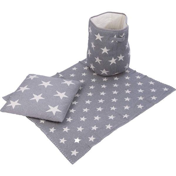 Penguin Home® Set of Knitted Basket, Cushion and Blanket - 100% Cotton in Star Print - For Cosy Rooms - Foldable Basket 14"x16" (35x41cm) - Cushion 18"x18" (45x45cm) - Blanket 32"x40"(81x101cm)