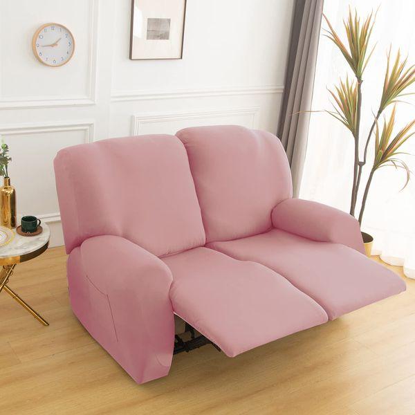 Qelus Stretch Recliner Chair Cover,6-Pieces Sofa Cover Slipcover Couch Covers,Armchair Cover Non-Slip Furniture Protector,Elastic Spandex Soft Recliner Chair Protector with Side Pocket(2 Seater Pink)