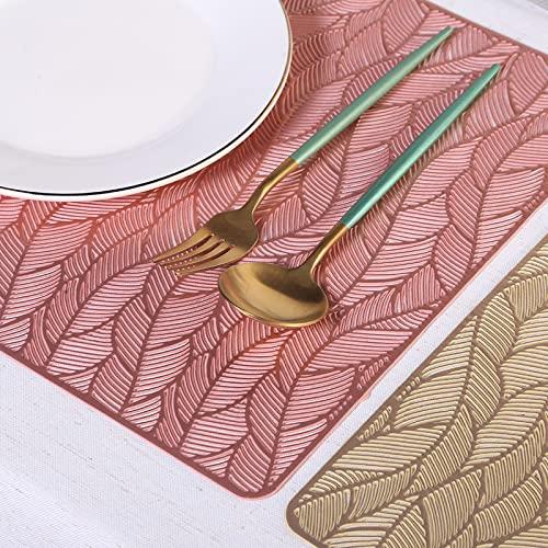 Hosoncovy 4 Pack Decorative Rectangle PVC Placemats Leaf Placemats Hollow Dining Table Place Mats Heat Resistant Non-slip Dining Placemats Table Mats for Home Kitchen Wedding (Rose Gold) 4