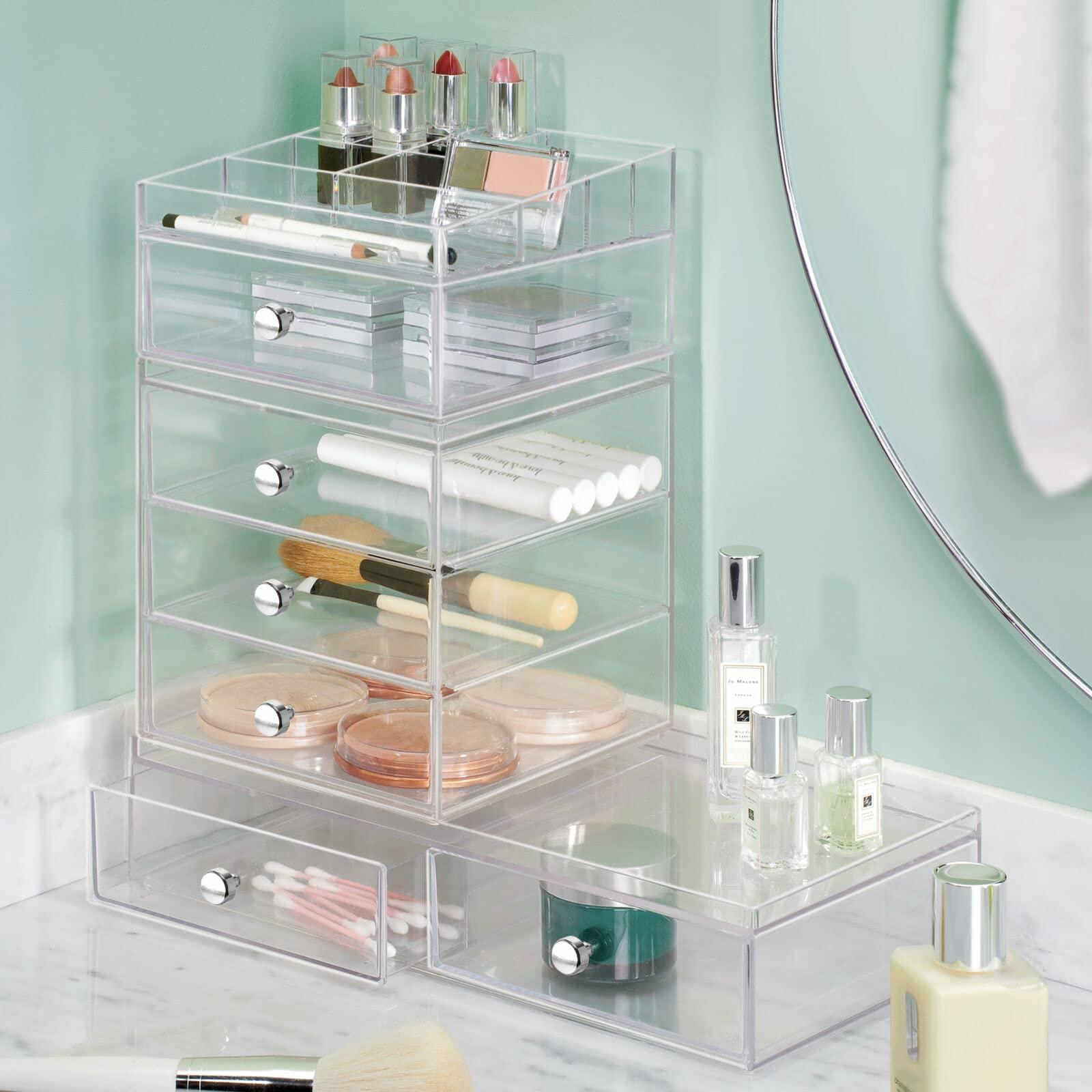 mDesign Makeup Organiser - Makeup Storage Unit with 3 Drawers - Accessory and Cosmetic Storage Box - Clear 1