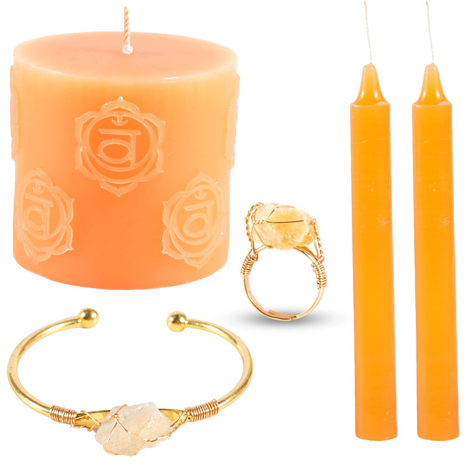 Soulnioi Scented Pillar Candle (Orange Blossom)-24h Burning Time, 2pcs Tall Pillar Candles, Citrine Crystal Stone Wired Ring and Adjustable Open Bracelet, Home Fragrance Decor Gift 0