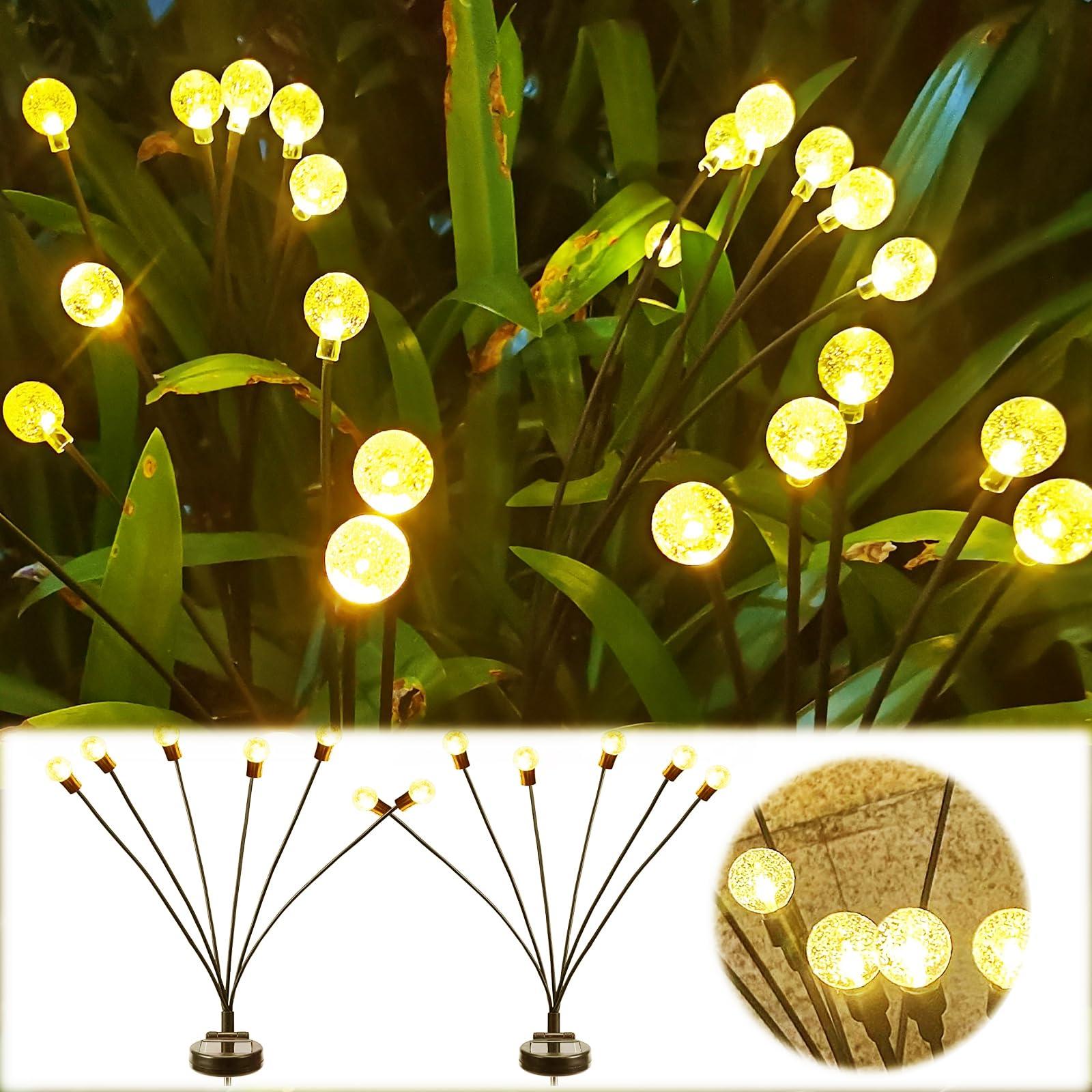 Neioaas 2PCS Solar Lights Sway by Wind, 6LED Solar Firefly Lights, Waterproof Swaying Solar Lights with 2 Modes, Pathway Lighting,Decoration for Garden Yard and Pathway - Warm Lights