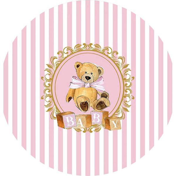 Renaiss 5ft Bear Baby Shower Round Backdrop for Girls Pink White Stripes Photography Background Kids Birthday Party Decoration Cake Table Banner Polyester Photo Studio Props 3