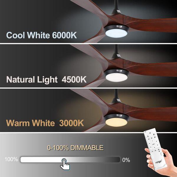 reiga 178cm Solid Wood 3 Blades Smart Ceiling Fan with Dimming LED Light Kit and Remote Control, 6-speed Reversible DC Motor for Indoor/Outdoor 2