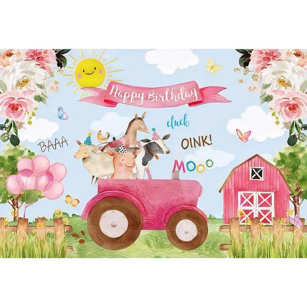 Renaiss 7x5ft Cartoon Farm Backdrop Cute Animals Happy Birthday Photography Background Pink Flowers Barn Truck Fence Green Grass Kids Girls Party Cake Table Decoration Studio Booth Props 3