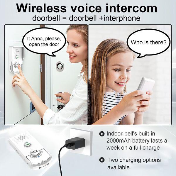 Elebinke Wireless Intercom Doorbell-Waterproof Portable Voice Intercom Doorbell with 2000mAh Rechargeable Battery, 38 Chimes, 1000M Long Range & 3 Level Volume (1 Outdoor/1 Indoor) 2