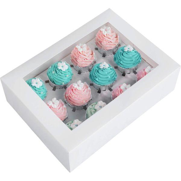 ONE MORE 15-Packs White Cupcake Boxes,Food Grade White Pop-up Bakery Boxes with Inserts and Display Windows 13.8 x 9.5 x 4inch Fits 12 Cupcakes or Muffins,Pack of 15 3