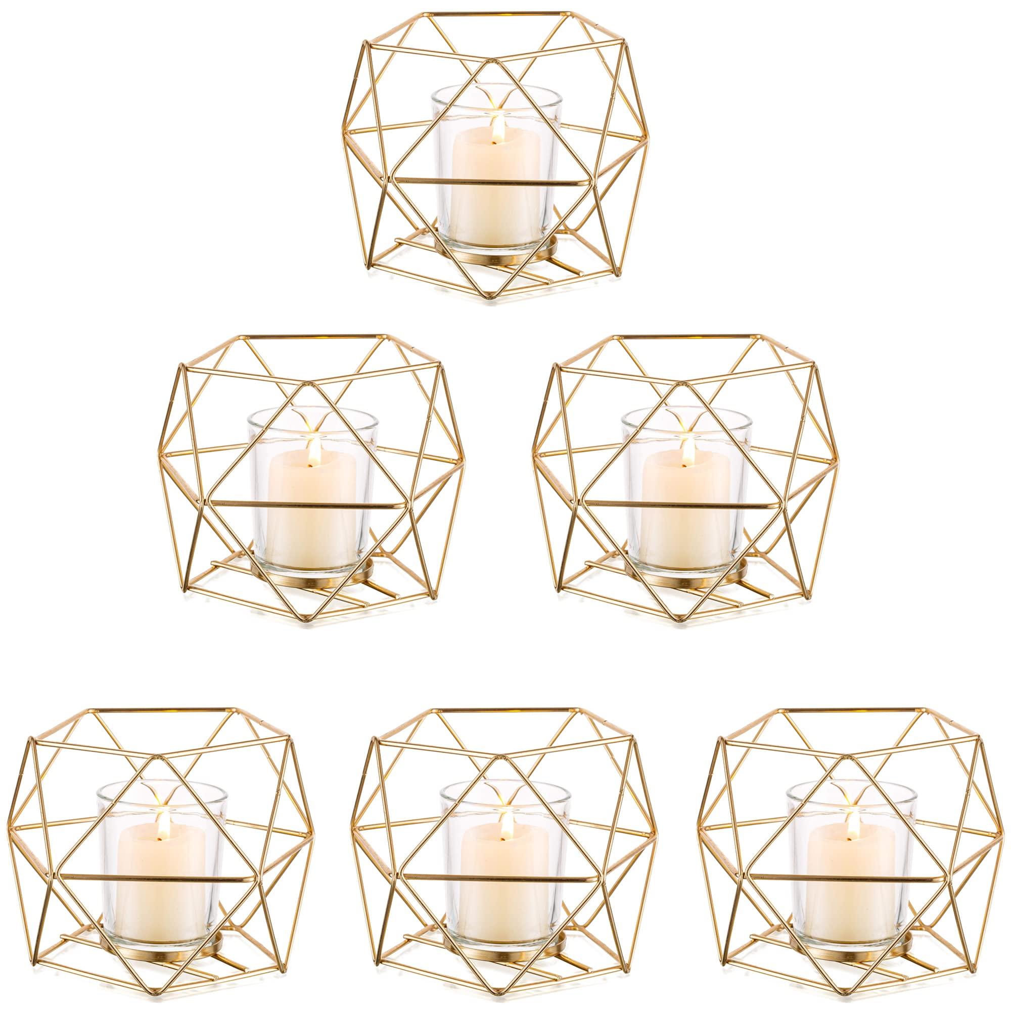 Nuptio Tea Light Candle Holders - Votive Candle Holder for Tealight & Pillar Candles Geometric Gold Candle Stand for Wedding Table Reception Decor Birthday Party Gifts Home Mantel Centrepieces, 6 Pcs 0