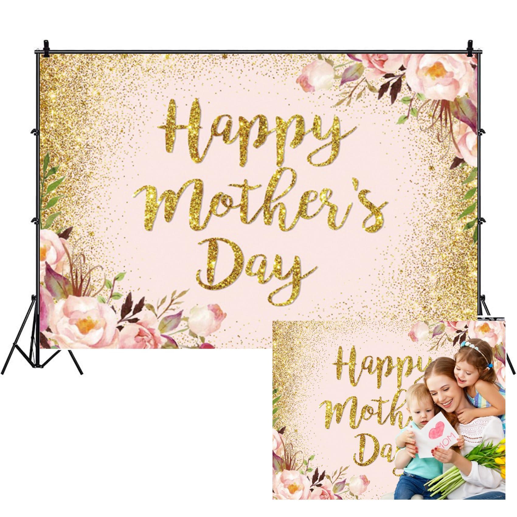 SDOTPMT 7x5ft Happy Mother's Day Backdrop Watercolor Pink Floral Dripping Gold Glitter Dots Photography Background for Pastel Mothers Day Banner Photo Studio Props 0