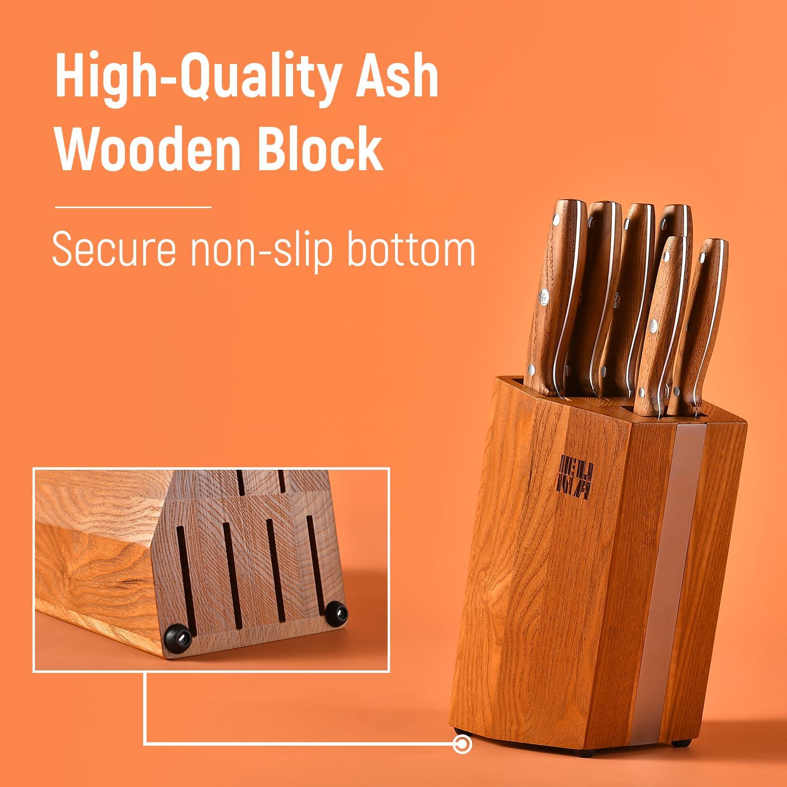 Knife Set with Block, 7 Pieces Knife Block Set, EUNA Kitchen Knives with Wooden Handle, Stainless Steel 6 Knives，(Paring, Utility, Carving, Bread, Chef Knife，Santoku) &Universal Wooden Knife Holder 3