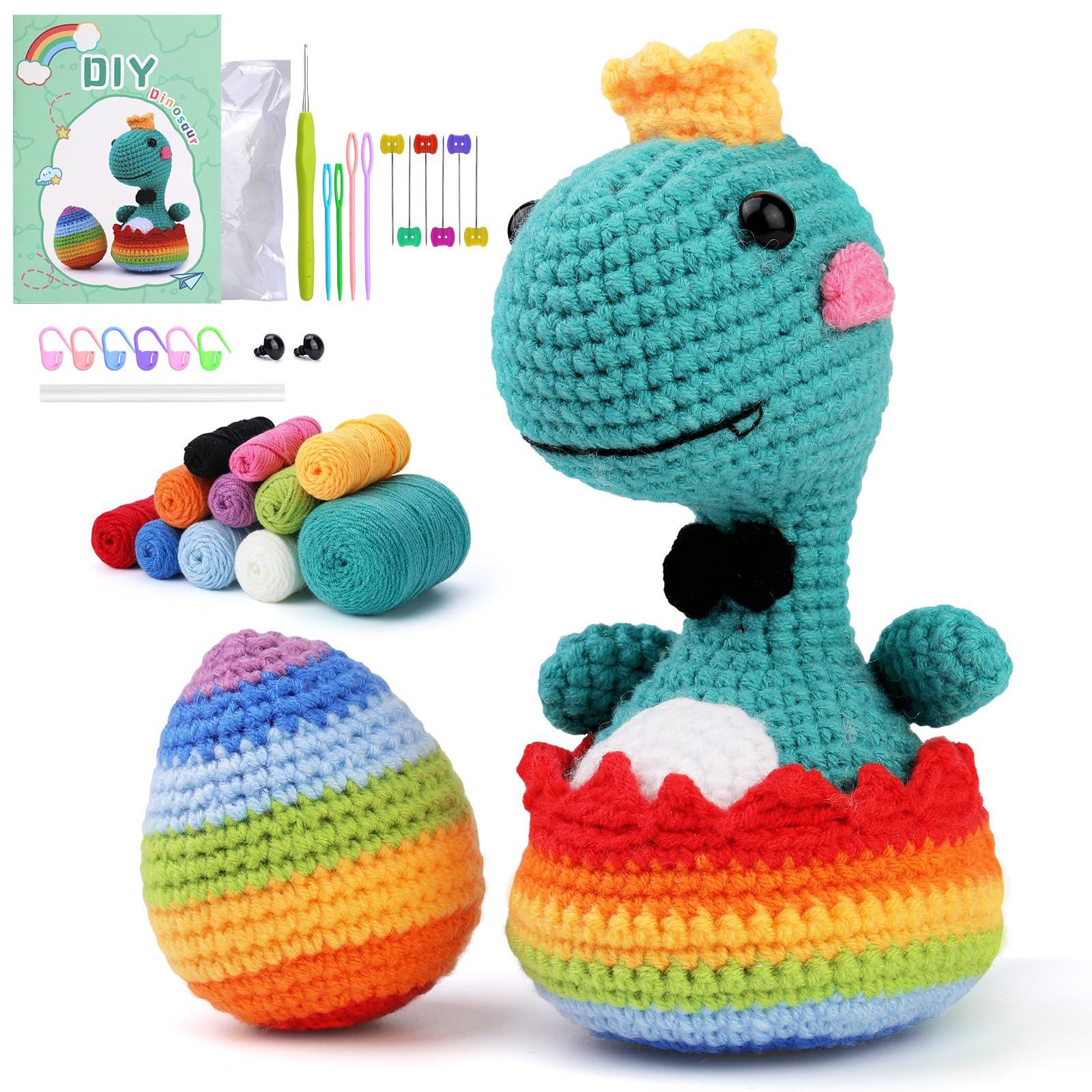 IFUNY Crochet Kits for Beginners Adults,Complete Knitting Kit with Yarn,Crochet Hooks,Step-by-Step Video,Learn to Crochet Starter Kit for Beginners (07 Green Dinosaur+Eggs) 0