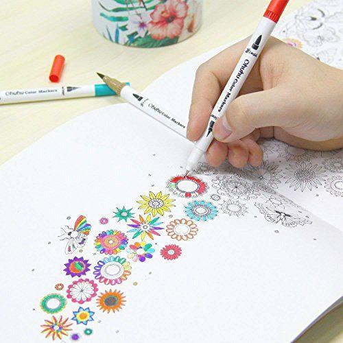 Fine and Brush Dual Tips Colouring Pens, Ohuhu 60 Watercolor Pens, Brush Fineliner Felt Tip Pens Art Markers, Water Based Highlighter Pen for Calligraphy Drawing Sketching Coloring Book 1