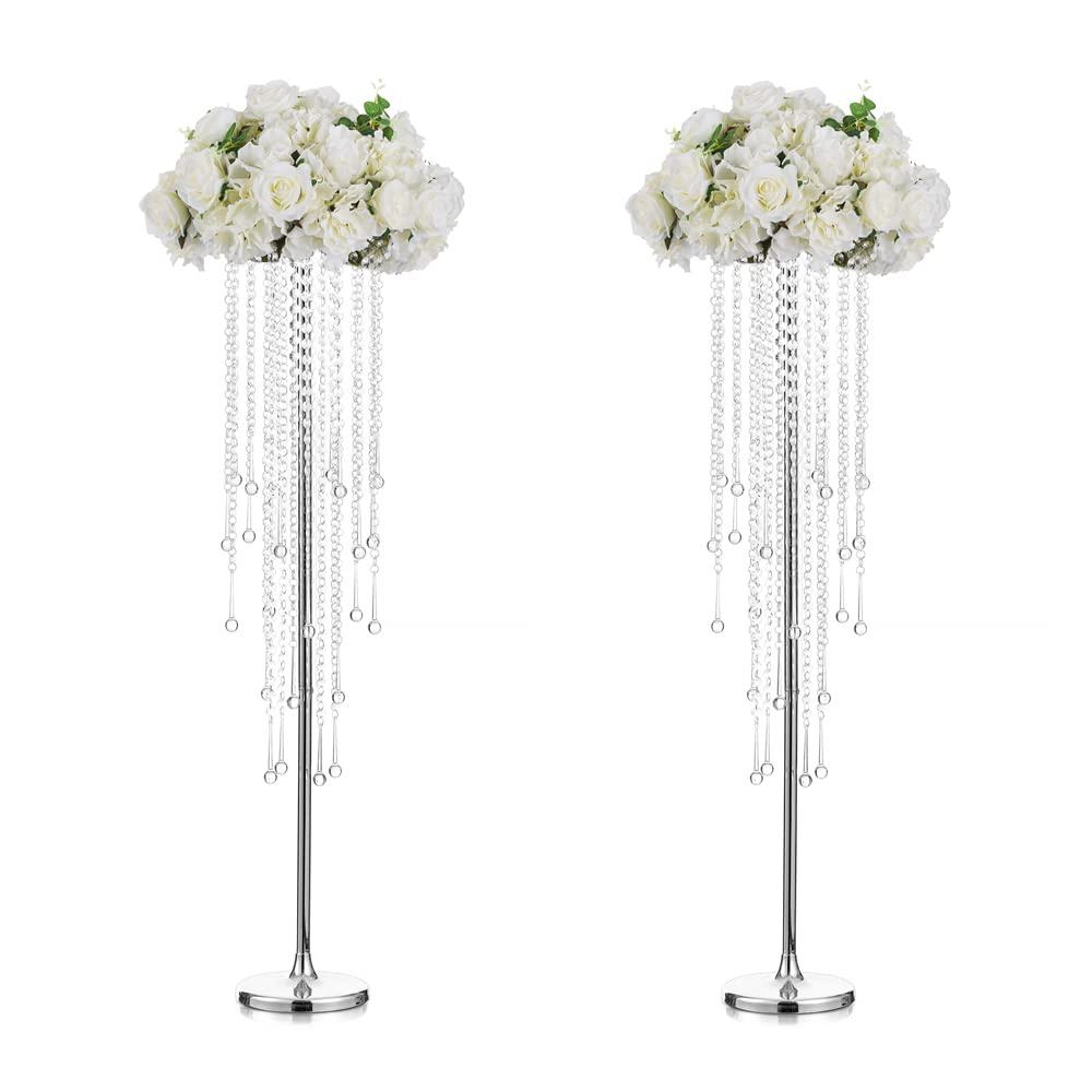 Tall Vases Wedding Centrepieces for Tables: 10Pcs Silver Flower Vase with Chandelier Crystal Centerpiece Table Decorations Inweder 100cm Tall Metal Flower Stand for Wedding Reception Party Events Home 0