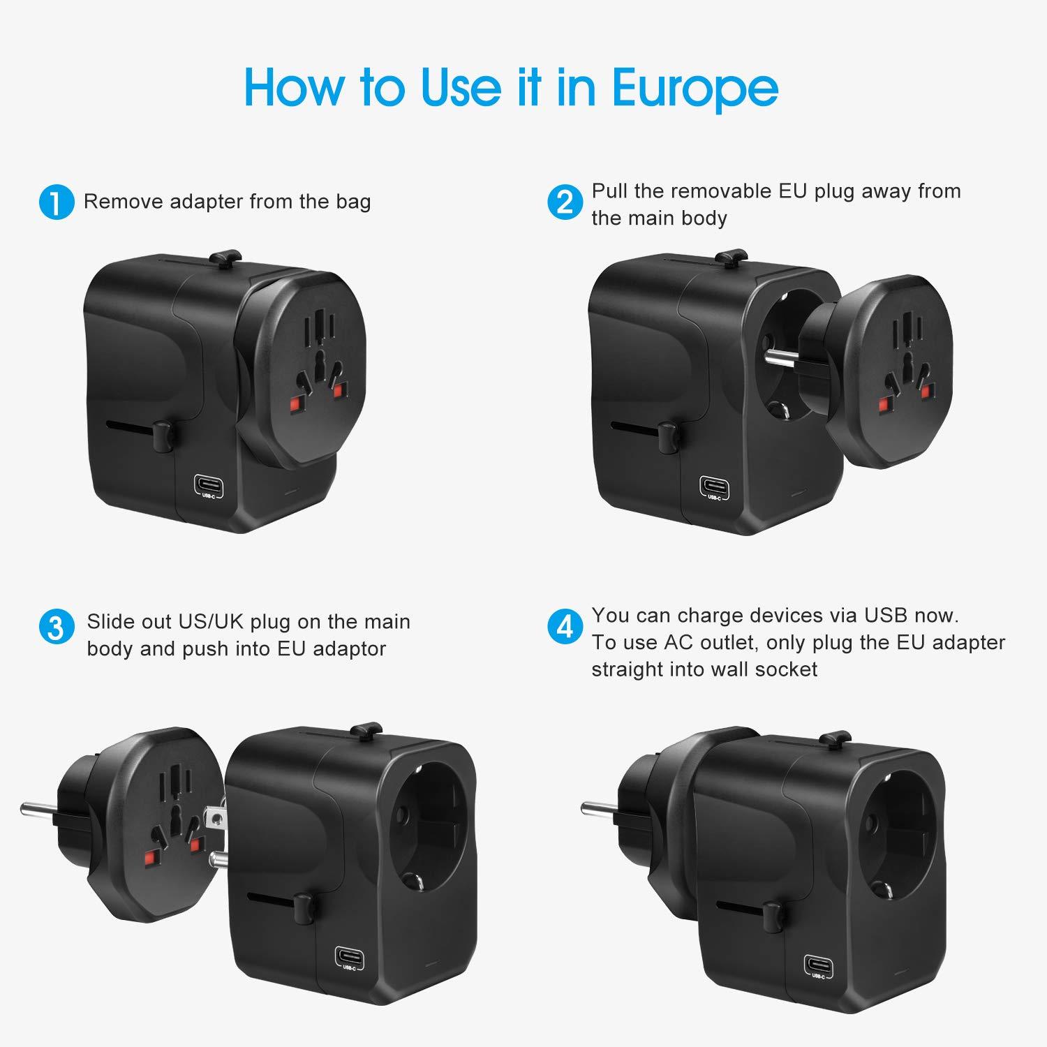 VGUARD Travel Adapter, Type C+4 USB Ports 10A International Universal Power Plug Adaptor with Detachable Europe(Schuko) Plug for USA EU UK AUS Compatible with China Japan Thailand 150+ Countries 3