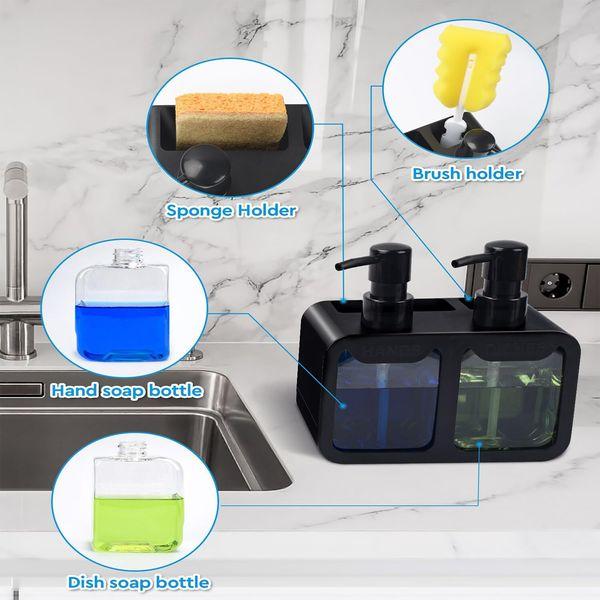 Soap Dispenser with Sponge Holder, Hukunfy Multi-Purpose Liquid Hand and Dish Soap Dispensers Set for Kitchen Sink, 350ml Bottles Capacity with Brush Storage & 2 Pack Pump Replacement (Black) 2