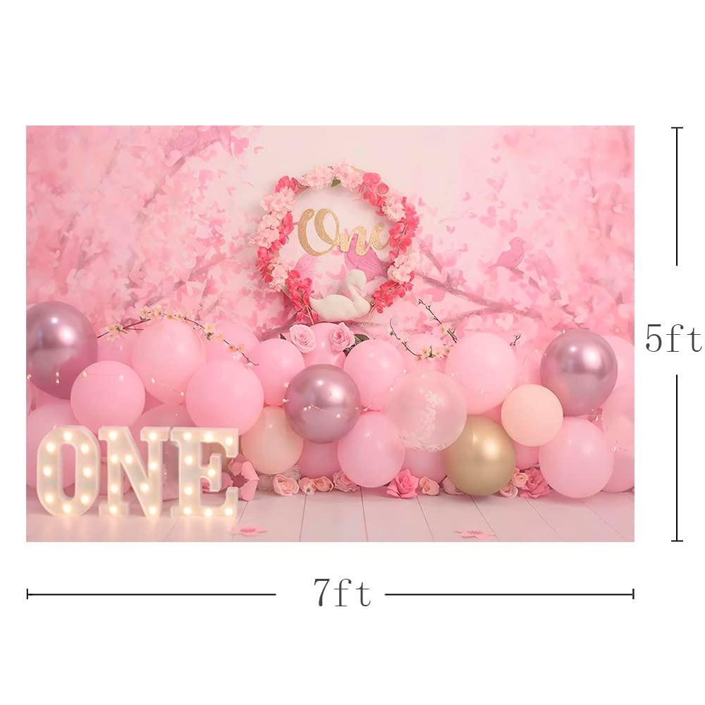 MEHOFOND 7x5ft Girl 1st Birthday Photography Background Pink Floral Balloons Kids Party Banner Decoration Supplies Retro Newborn Portrait Photo Backdrop Happy Birthday Photoshoot Studio Props 2