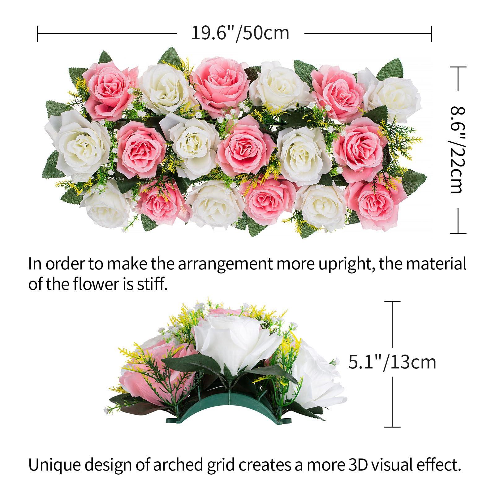 BLOSMON Artificial Flowers Wedding Centerpieces Decorations Fake Flowers 2 Pcs Pink&White Silk Rose Floral Arrangement Dinning Table Runner Centerpiece, Rose Flower for Room Reception Table Decor 3