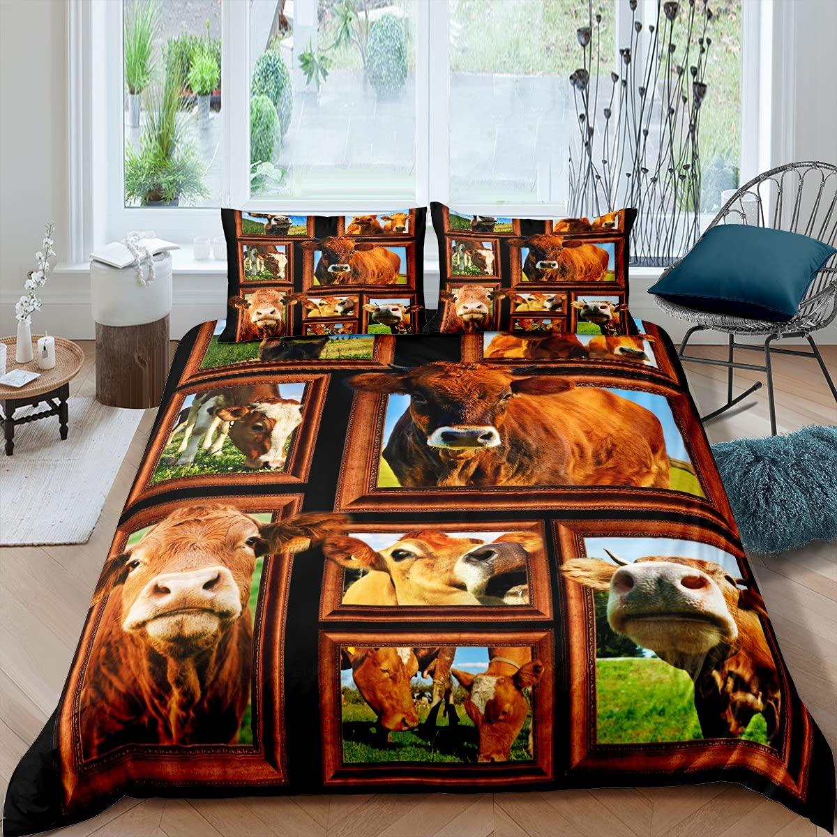 Loussiesd Cows Print Bedding Children Double Pasture The Cattle Bedding Set Nature Grass Farmhouse The Cattle Duvet Cover Set 100% Microfiber 3D Animals Beds With 2 Pillowcases For Teens 1