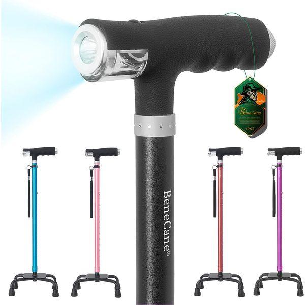 BeneCane Quad Cane Walking Cane with Two Led Lights with Big Base T Handle＆Lightweight Adjustable Walking Stick Four Pronged Sturdy for Men and Women (Pink) 0